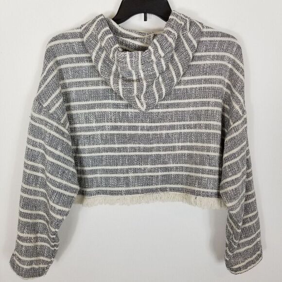 Zara Women Striped Crop Hoodie Sweatshirt Sz L Gray Boho Button Neck - Picture 2 of 4